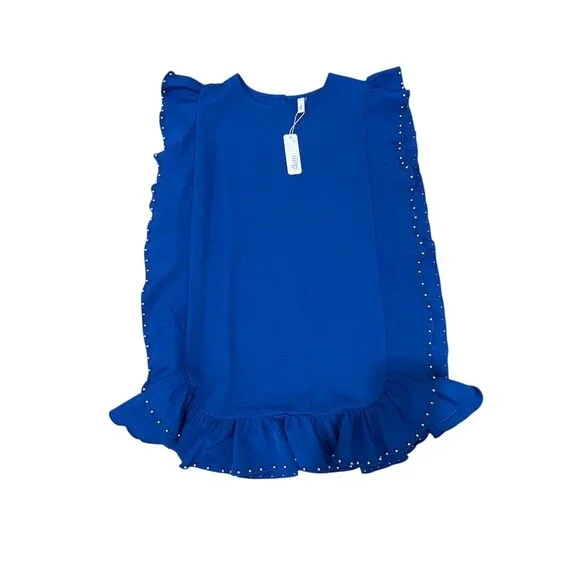 Glam Dress Womens Size M Royal Blue Studded Ruffle Trim Shift Mini - Picture 3 of 6